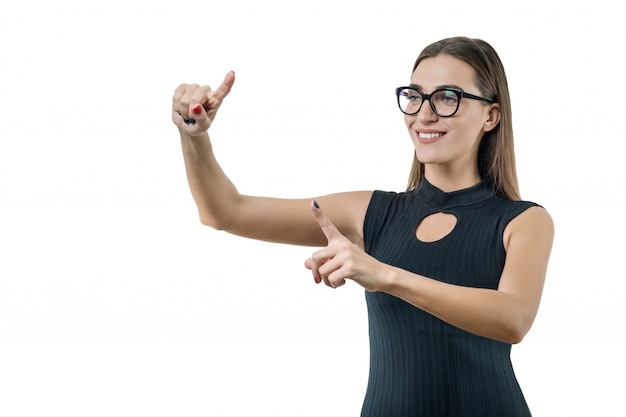 Adult businesswoman with glasses uses a virtual screen