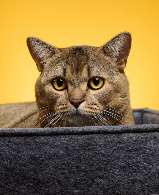 大人の猫は黄色の背景に灰色のフェルトのベッドに横たわっています。動物は休んで見ています