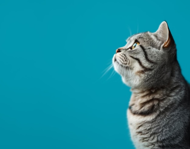 Adult cat in profile on a blue background with free space AI generated