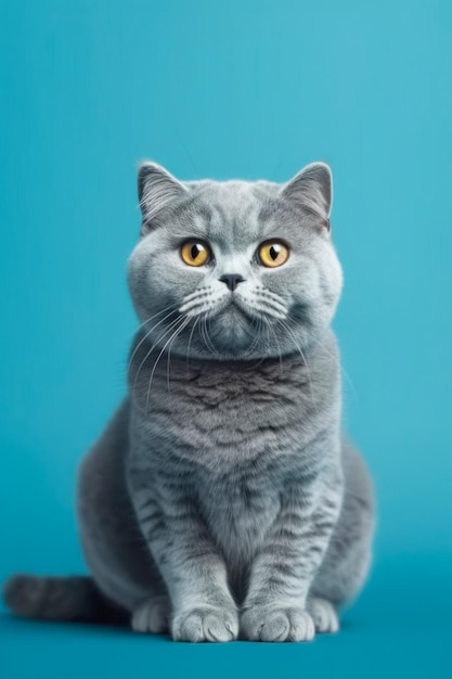 Adult cat sits on the floor and looks into the camera against a blue background with free space vertical frame AI generated