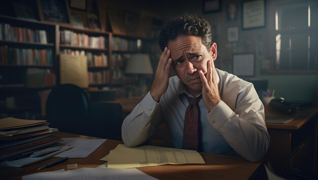 Adult Caucasian American with short hair looks troubled sitting at his office desk surrounded by papers and books