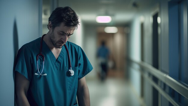 Взрослый белый американец с распущенными волосами в медицинской одежде выглядит усталым, стоя в коридоре больницы.