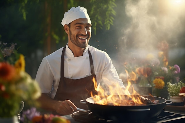 adult caucasian chef man at outdoors