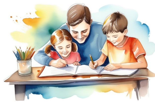 Photo adult caucasian man assisting children with schoolwork doing homework with parents