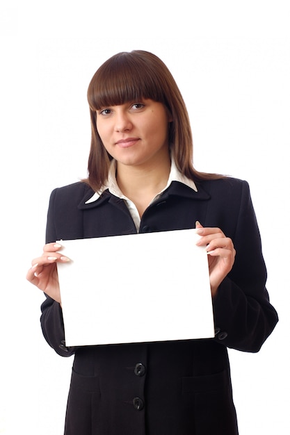 Adult caucasian woman holds notice on hand