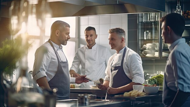 Foto un cuoco adulto si trova accanto al tavolo della cucina per parlare con due dipendenti e discutere della qualità dei prodotti