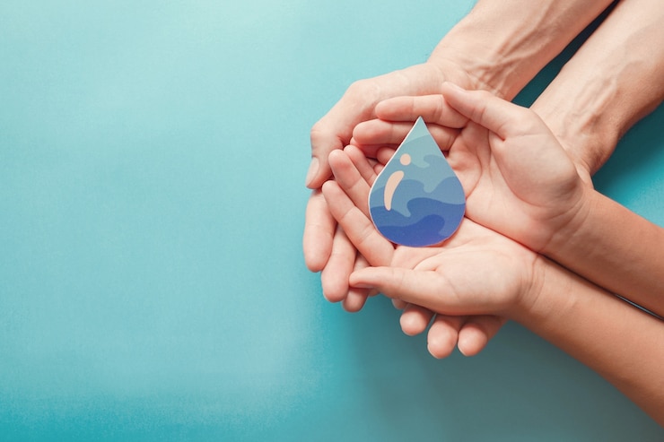 Photo adult and child hands holding paper cut water drop