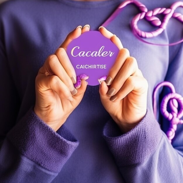Photo adult and child hands holding purple ribbons alzheimers disease pancreatic cancer epilepsy awareness world cancer day