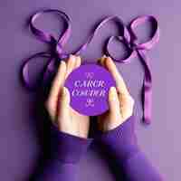 Photo adult and child hands holding purple ribbons alzheimers disease pancreatic cancer epilepsy awareness world cancer day