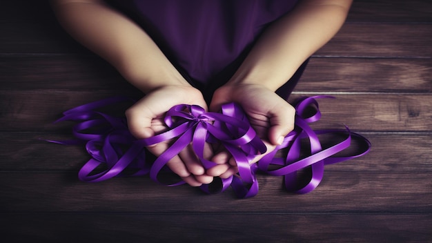 Photo adult and child hands holding purple ribbons alzheimers disease pancreatic cancer