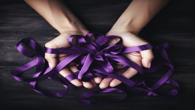 Adult and child hands holding purple ribbons Alzheimers disease Pancreatic cancer