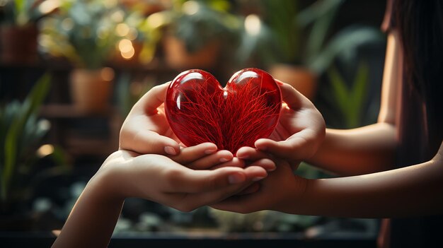 руки взрослого и ребенка держат красное сердце, здравоохранение, любовь и концепцию семейного страхования