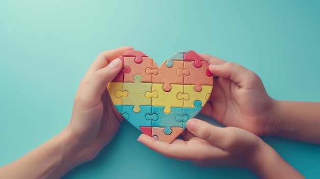 An adult and child holding a puzzle heart on a light blue background as part of World Autism Awareness Day