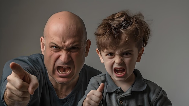 Adult and child mimic anger with raised thumbs showing emotions in a studio setting candid and theatrical expression AI