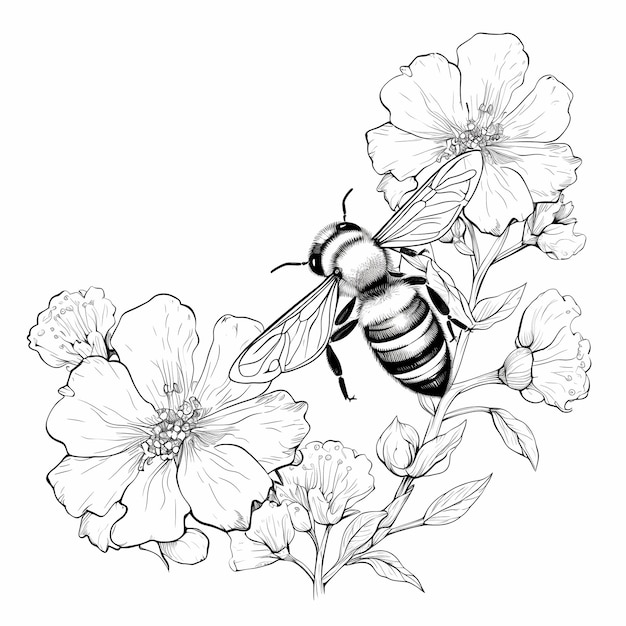 Photo adult coloring book bee flying near a flower simple thick lines black and white