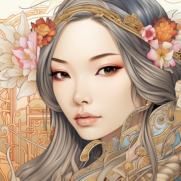 Adult coloring book page asian womans face