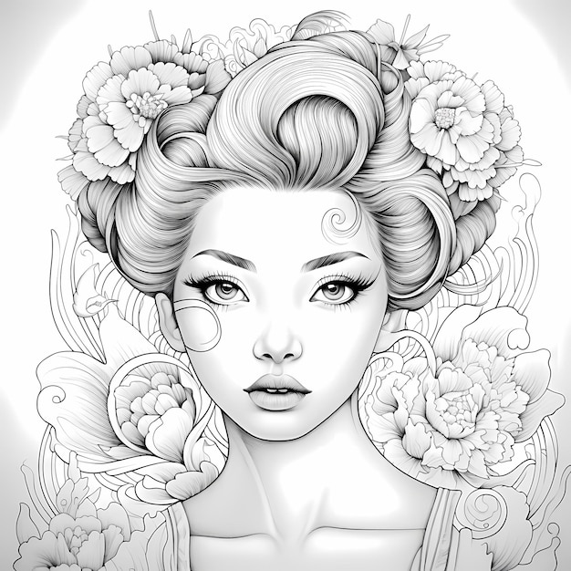 adult coloring book page womans face with hair in a bun