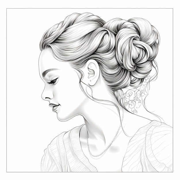 Photo adult coloring book page womans side profile with hair pulled back