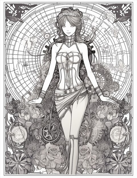 Premium AI Image  An adult coloring book pages for an anime art of a girl  with steam engines