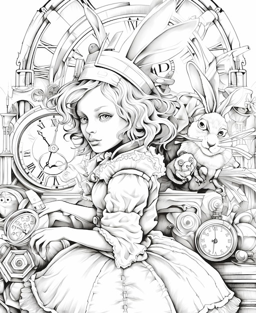 adult coloring page Alice loves the white rabbit steampunk style