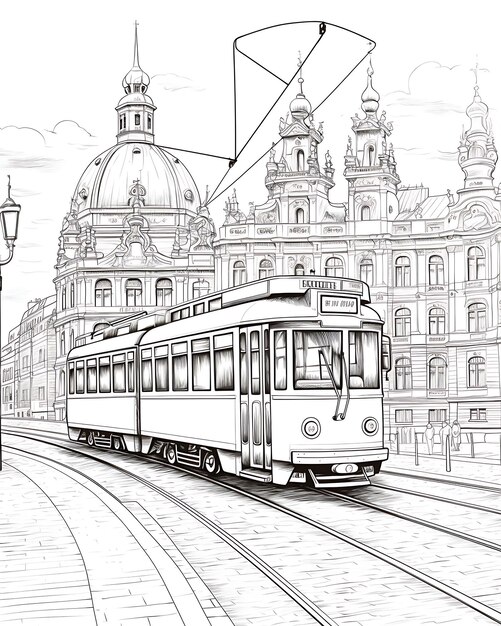 Photo adult coloring page with a tram in the city