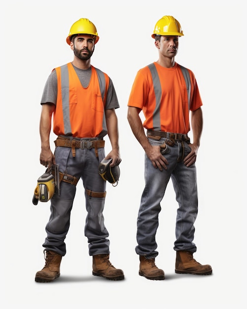 Adult construction workers in hard hats smiling and standing on white background