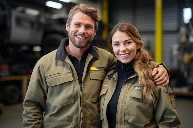 Adult couple at indoors in mechanic uniform