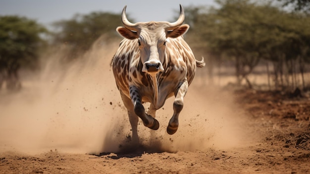 Взрослая корова бежит на полной скорости в сафари