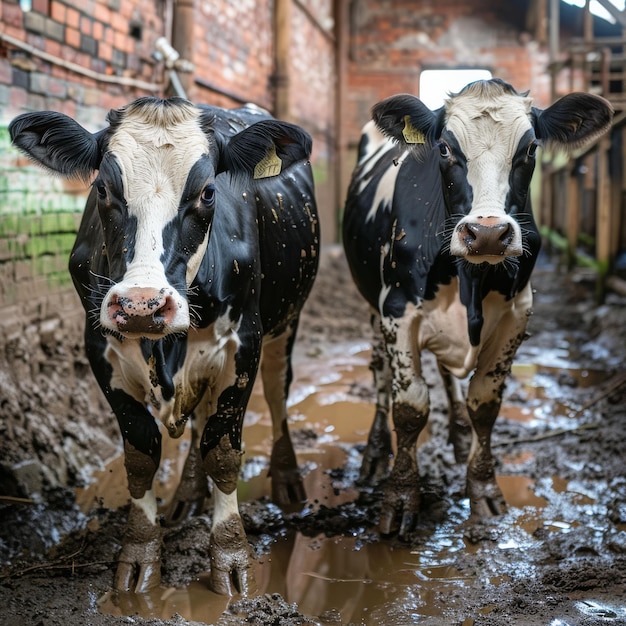 Photo adult cows in a dirty barn