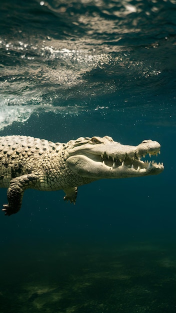 Взрослый крокодил грациозно плавает, видимы только голова и тело Вертикальные мобильные обои