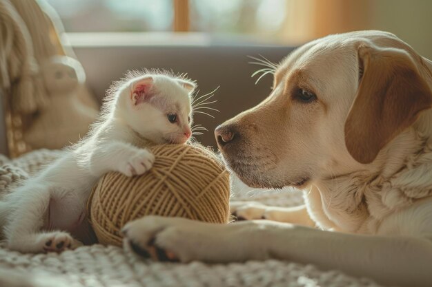 家のリビングルームで一緒に遊ぶ大人犬と子猫