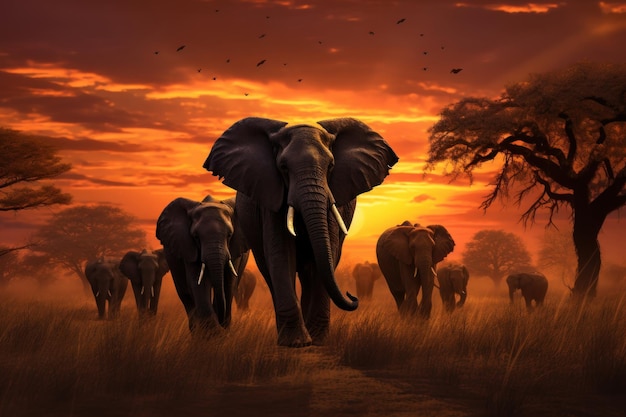 Adult elephant on african savannah in sunset Created with Generative AI