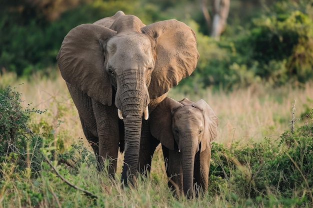 Foto un elefante adulto e un cucciolo di elefante camminano attraverso l'erba alta nel loro habitat naturale un gentile elefante gigante con il suo cucciolo nel cespuglio africano generato dall'ai