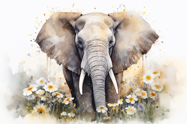 Adult elephant walking on a field of daisies Generative AI