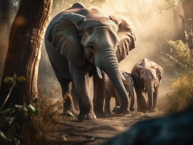 Adult Elephant with babies generative AI