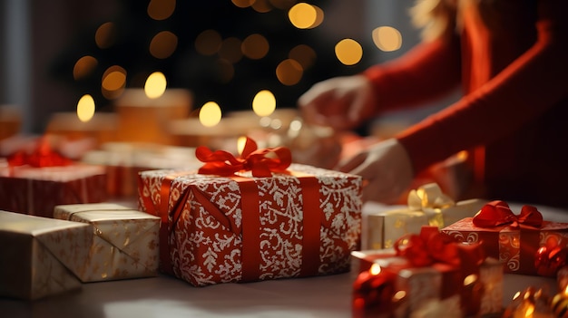 Adult female holding a gift box with a bright ribbon in Christmas Generative AI