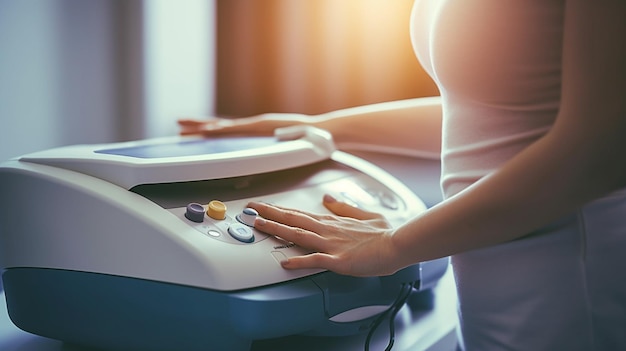 Photo adult female patient elbow joint ultrasound at private clinic generative ai