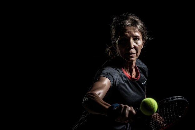 Foto donna adulta in fitness che gioca a padel all'interno ai generativa