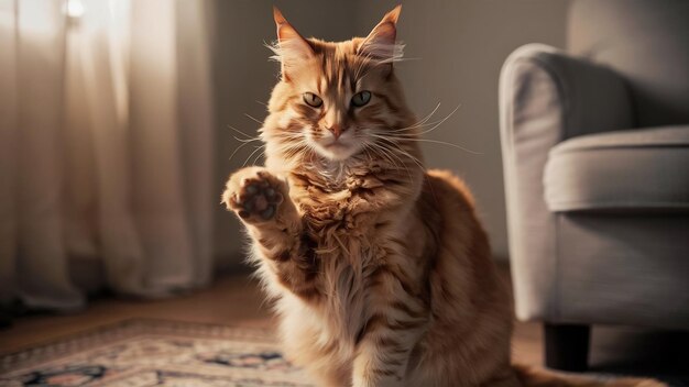 Adult ginger fluffy cat raised his front paw up