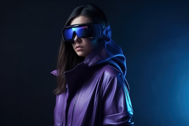 Adult girl wearing futuristic glasses and leather jacket on dark background generative AI