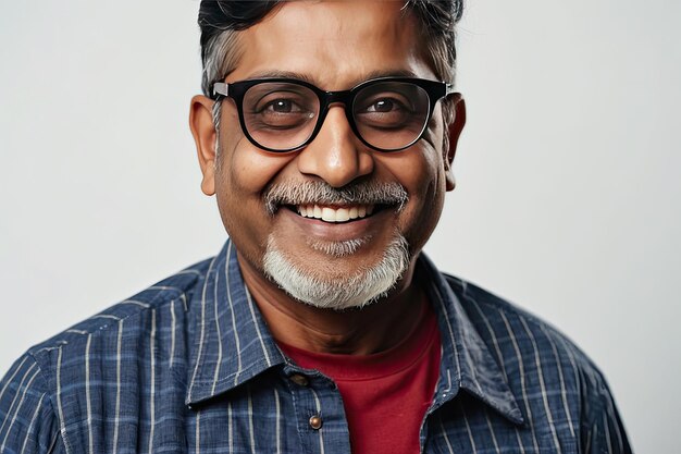 写真 灰色の固い背景に眼鏡をかぶった幸せな大人のインド人男性コピースペースがaiで生成されました