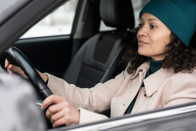 Adult having fun during winter roadtrip