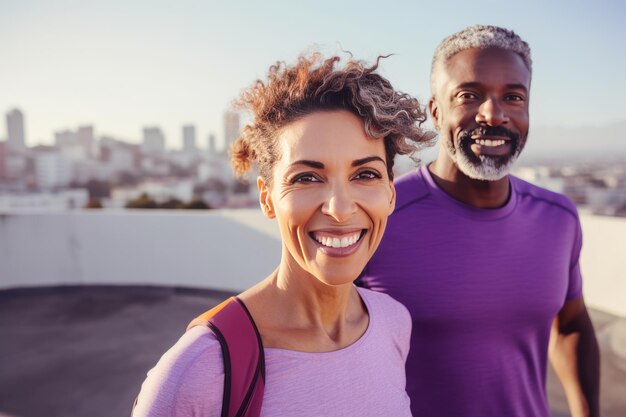 Photo adult international couple in sports outfits looking at camera with energetic cheerful smile happy loving mature man and woman jogging or exercising outdoors healthy lifestyle in urban environment