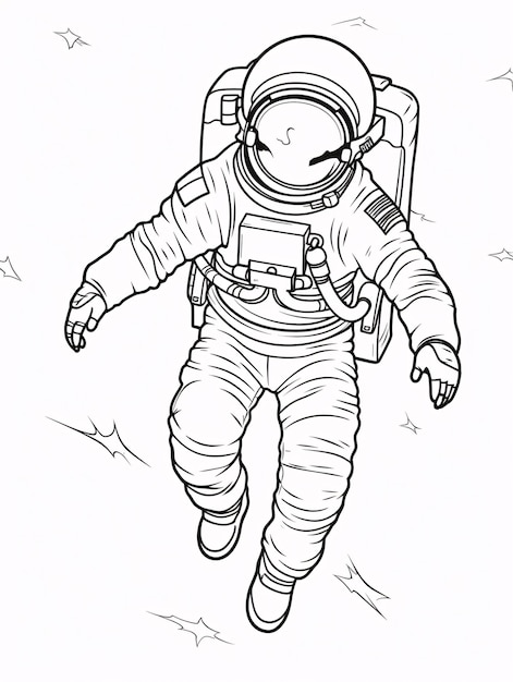 Adult and kids coloring book astronaut on space black and white simple line art