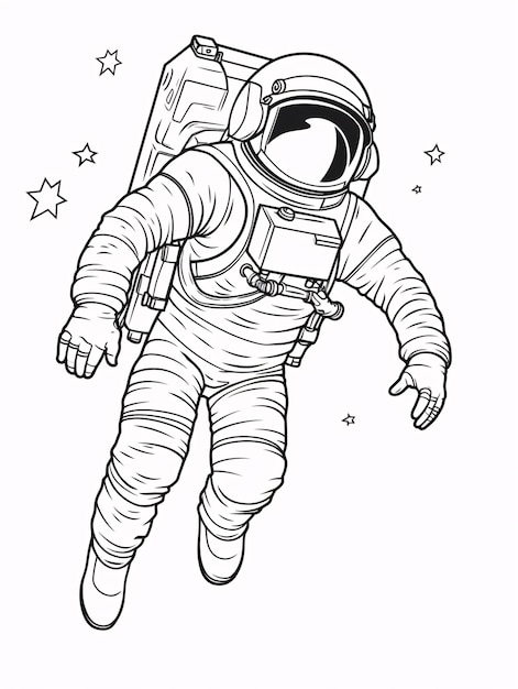 Photo adult and kids coloring book astronaut on space black and white simple line art
