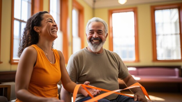 Adult Latin American man doing physical therapy using elastic bands