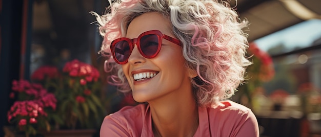 선글라스를 입고 카메라를 바라보는 웃는 성인 여성 휴가에 있는 행복한 무모한 여성
