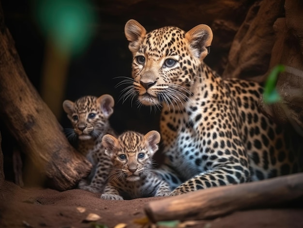 Adult Leopard with babies generative AI