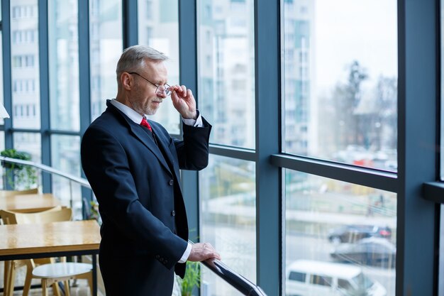 Adult male businessman, teacher, mentor looks out the large window of his office. Work in the office. Development of a new business project