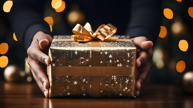 성인 남성이 크리스마스 생성 AI에서 밝은 리본을 가진 선물 상자를 들고 있습니다.
